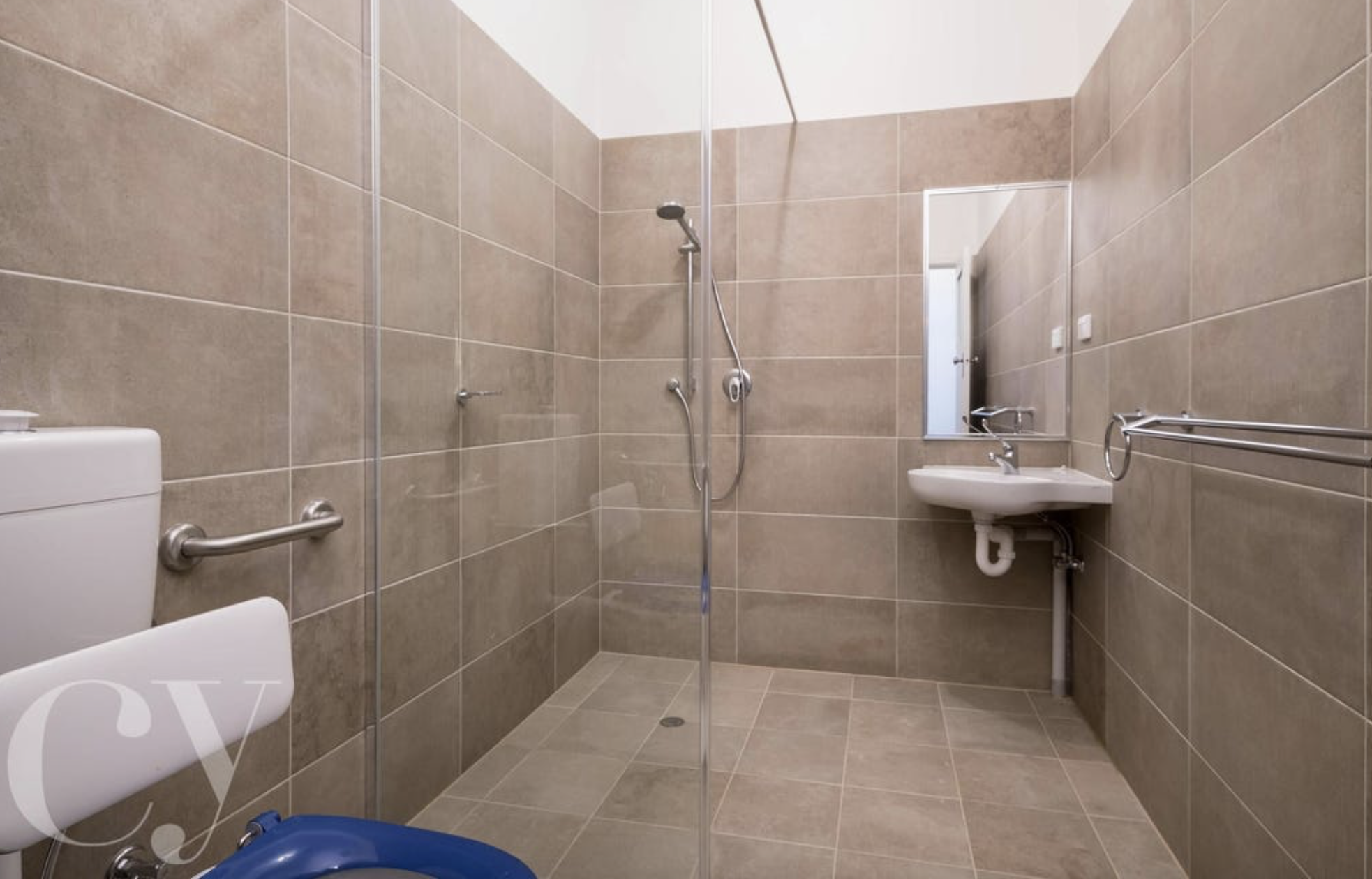 Accessible bathroom with shower, toilet, and sink