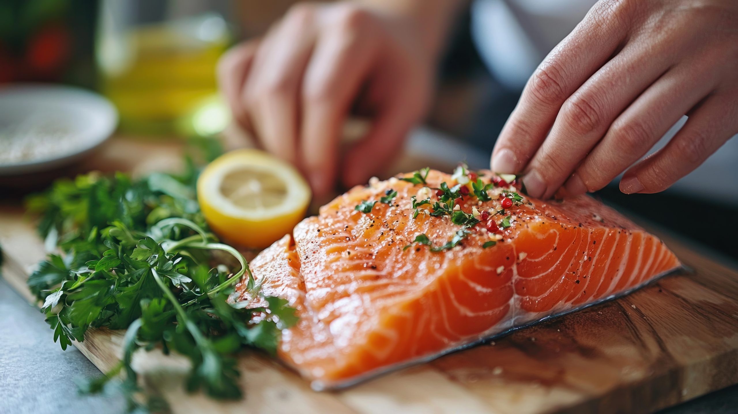 a close up of a person preparing a healthy meal with fresh ingredients on a clean countertop.